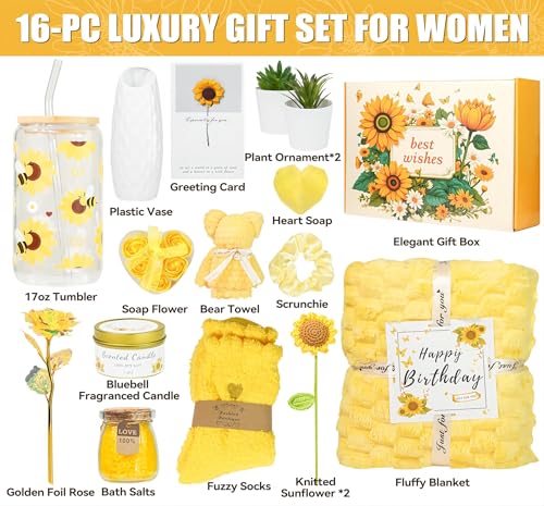 Mother's Day Gifts for Mom, 17pcs Relaxing Spa Gifts Set for Girls, Sisters, Mom, Sunflower Self-Care Package, Sending Sun...