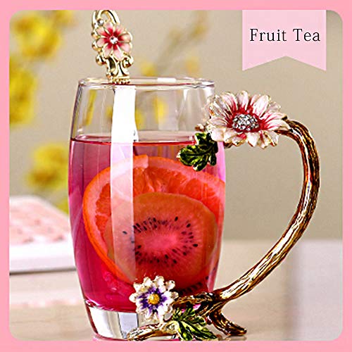 JY-Danbady Enamel Sunflower Crystal Lead-Free Glass Tea Cup with Spoon Set, Present for The Christmas, Valentine's Day.Bes...