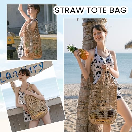 Pleneal Beach Bags for Women - Women Beach Tote Bag, Summer Mesh Hollow Straw Tote Bag for Holiday Market