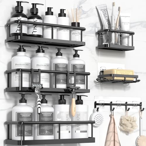 YASONIC Shower Caddy Adhesive, 100% Rustproof Shower Organizer with Soap Holder, 6 Pack Large Capacity shower Shelves for ...