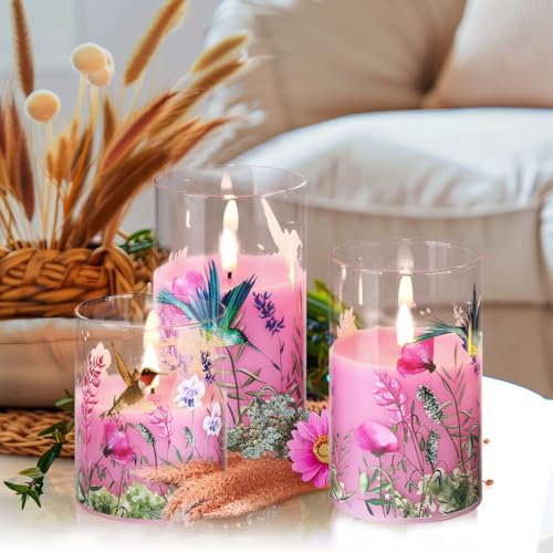 Eywamage Pink Hummingbird Floral Glass Flameless Candles with Remote, Flickering Battery LED Pillar Candles Set of 3, Spri...