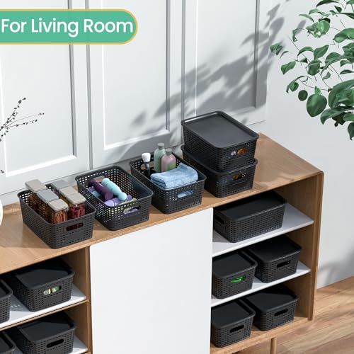 Plastic Storage Baskets with Lid-Plastic Storage Containers Stackable Storage bins: Storage Baskets for Organizing Shelves...
