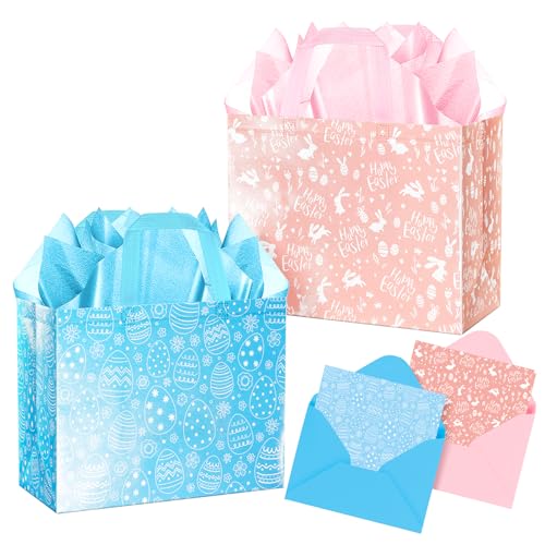 XiaosRen 2Pack Large Happy Easter Gift Bags with Card, Envelope and Tissue Paper, Reusable Non-Woven Bag with Handles for ...