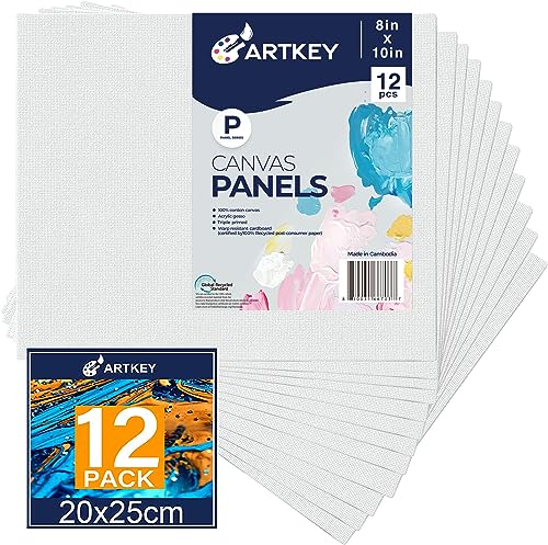 Artkey Canvas Boards for Painting 8x10 Inch 12 Pack, 10 oz Primed 100% Cotton White Blank Canvases for Painting, Art Suppl...