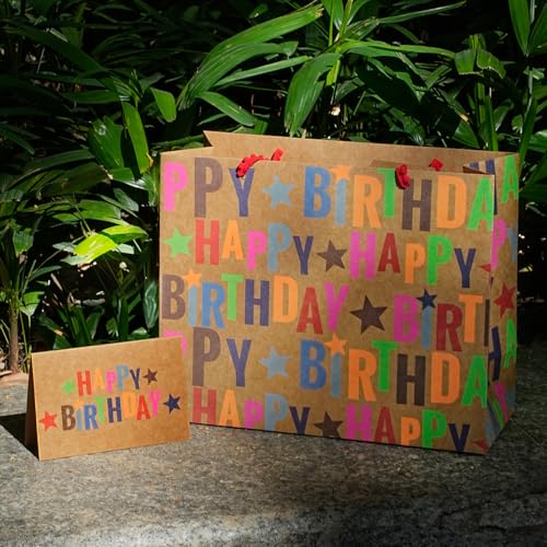 LaRibbons 13" Large Kraft Birthday Gift Bag with Tissue Paper and Greeting Card, Colorful Text Happy Birthday and Stars De...