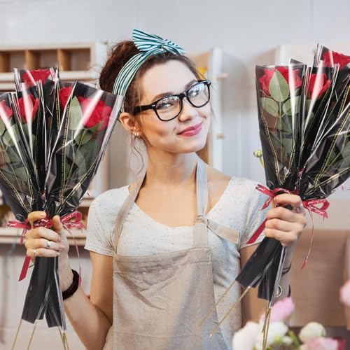 Zeyune 36 Pack Mother's Single Rose with Sleeves Set, Artificial Red Roses Bulk with Flower Sleeves, Single Stem Flower Wr...