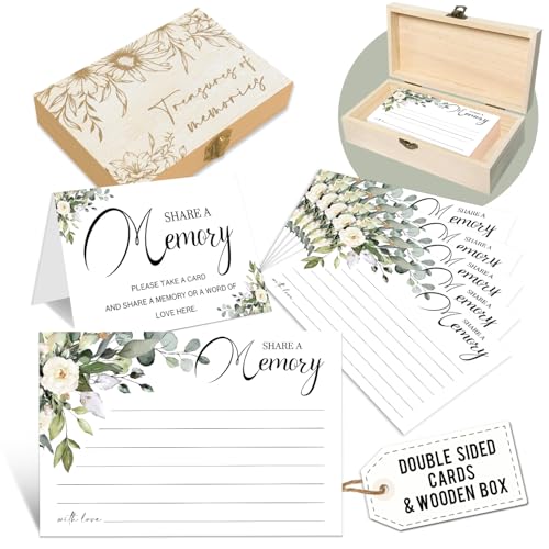 LeFohLon Share a Memory Cards with Box, Funeral Memory Box with 50 Greenery Cards, Wooden Keepsake Holder, Guest Book Idea...