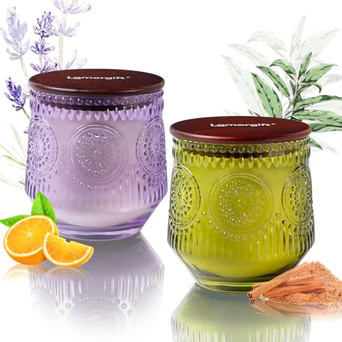 2 Pcs Soy Wax Scented Jar Candles Set, Sandalwood Sage & Citrus Lavender- Scented Candles for Home, 7.5oz Each, Up to 52 H...