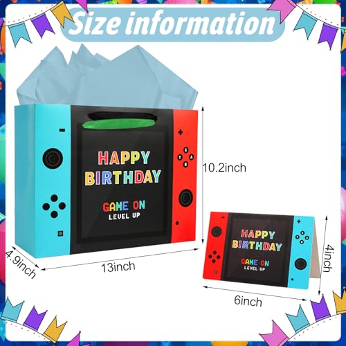 JOARHONAL Video Game Birthday Gift Bag - 13" Large Happy Birthday Gift Bag with Tissue Paper and Card for Boys Kids Video ...