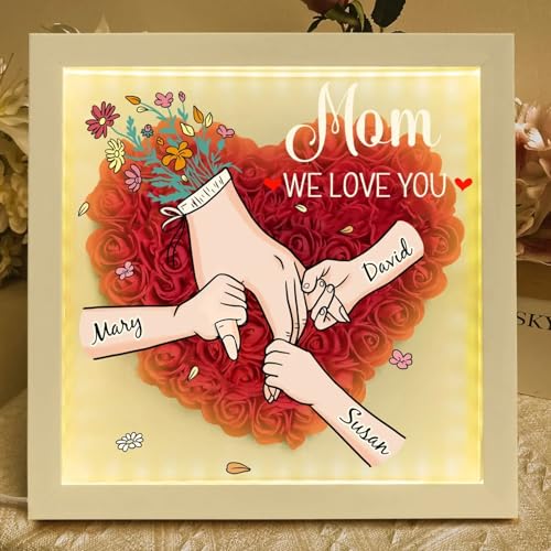 Personalized Mom Flower Shadow Box with Hands & Kids Names, - Customized Rose Frame Gift for Mom Grandma, Unique Mother's ...