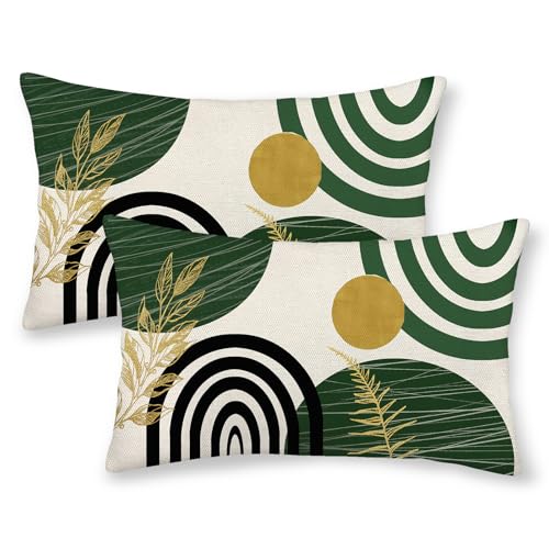 Boho Pillow Covers 12x20 Set Of Mid Century Green And Gold Leaf Art Line Throw Pillow Covers Outdoor Abstract Modern Bohem...