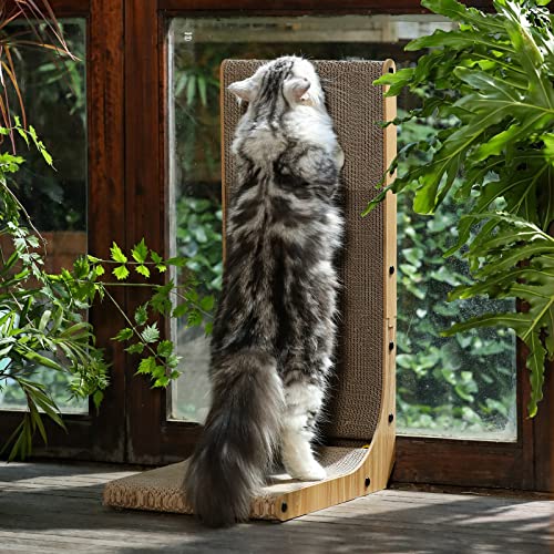 FUKUMARU Cat Scratcher, 26.8 Inch L Shape Cat Scratch Pad Wall Mounted, Cat Scratching Cardboard with Ball Toy for Indoor ...