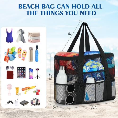 Ymomode Beach Bag - Mesh Beach Bag Large 8 Pockets, Beach Tote Bag Beach Essentials for Vacation Must Haves