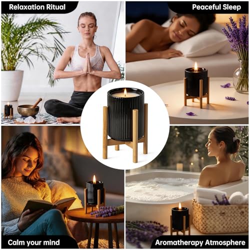 HUICAIMAO Lavender Scented Candle with Wood Stand& Ceramic Jar - 60H Natural Soy Wax, Highly Scented Aromatherapy Candle f...