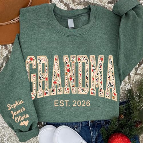 NAZENTI Personalized Floral Applique Embroidery Mama Sweatshirt, Custom Grandma Sweatshirt, Mama Gifts Christmas Mother's Day