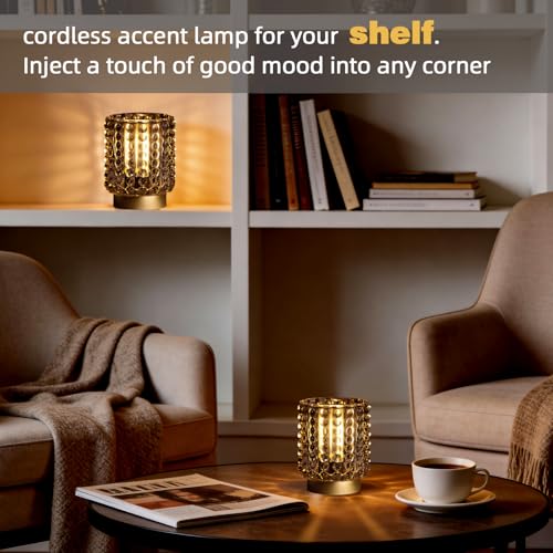 Battery Operated Lamp with Timer, Mini Crystal Table Lamps for Home Decor, Small Cordless Lamp for Areas No Outlets, Glass...