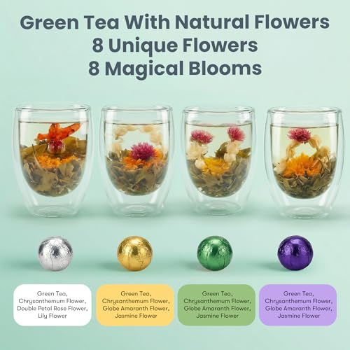 Blooming Tea Gift Set with Double-Walled Glass Teacup, 8 Handcrafted Flowering Tea Balls, Artisan Green Tea and Flower Var...