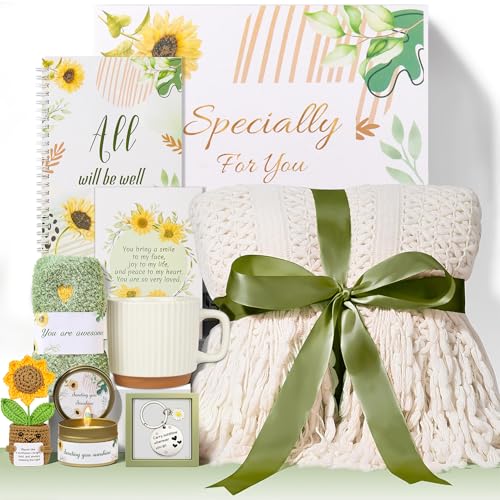 Mothers Day Gifts for Mom Grandma Wife - 9-Piece Sunflower Gift Basket with Blanket & Crochet Flower - Self Care Package, ...