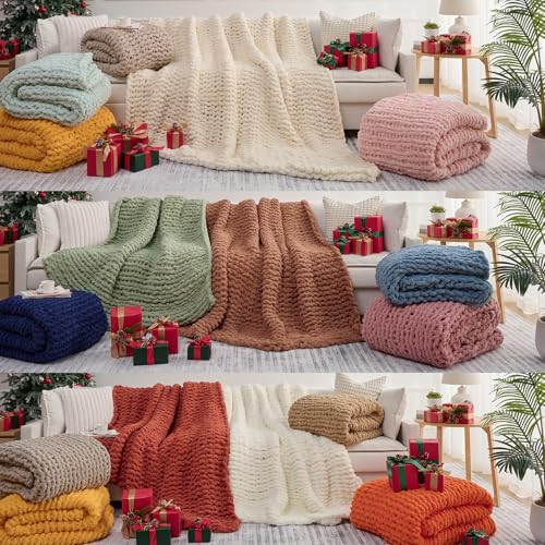 L'AGRATY Chunky Knit Blanket Throw,Soft Chenille Yarn Throw Blanket 50x60，Handmade Cable Knit Crochet Blanket,Large Knit B...