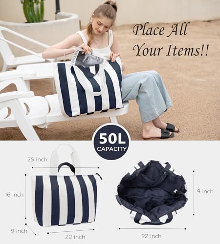 Bagelite 22'' 50L Large Beach Bag with Zipper, Extra Large Canvas Tote Bag for Women, Weekender Pool Bag