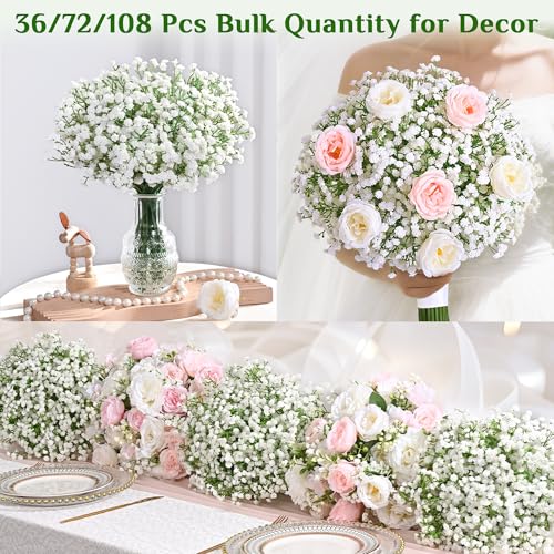 MARTINE MALL 72 Pcs Babys Breath Artificial Flowers, White Baby Breath Flowers Artificial Bulk Real Touch Fake Babys Breat...