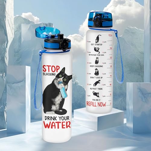 GEPOSTORE Funny Cat Hydration Water Bottle 32oz with Time Marker, Cute Cat Mom Gift for Women, Reusable Daily Motivation D...