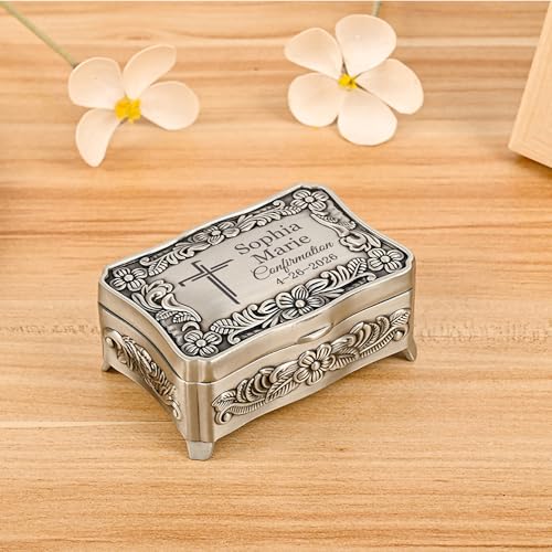 Hyillad Personalized Confirmation Gifts Small Metal Keepsake Box for Girls Teenagers, Confirmation Jewelry Gift Box for Br...