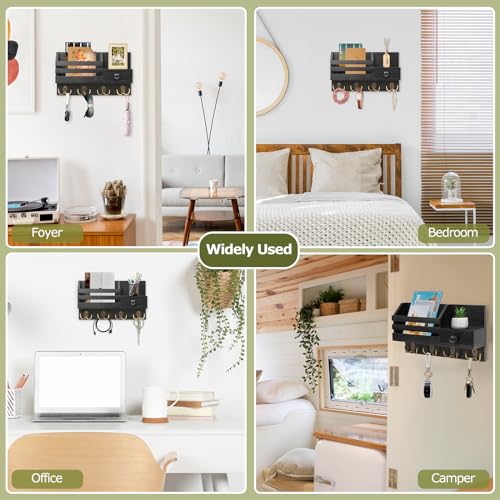 HOMEBROS Key Holder Wall Mount, Wooden Adhesive Mail and Key Organizer with Drawer, Small Shelf, 8 Hooks, 2 Installation M...