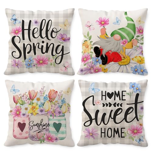 Unibyby Spring Pillow Covers 18x18, Home Sweet Home Outdoor Throw Pillowcase, Farmhouse Floral Home Decor Square Cushion C...