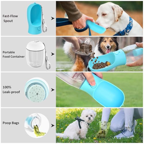 20oz Dog Water Bottle with Food Container & Poop Bag Dispenser | Leak-Proof Portable Pet Water Dispenser with Carabiner Cl...