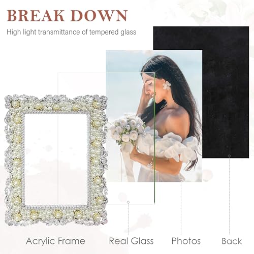 QPQIYIY 4x6 Pearl Picture Frame with Tempered Glass, Elegant Jewel Photo Frame with Rhinestones for Home Decor Tabletop Ho...