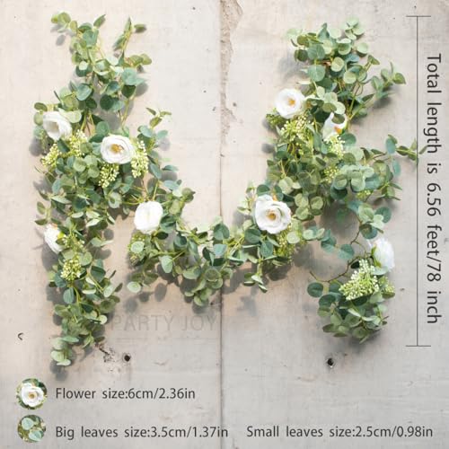 PARTY JOY 6.56ft Eucalyptus Garland with Flowers-8 White Roses, Artificial Fake Flowers Greenery Garland Floral Vines for ...