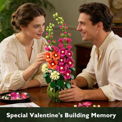 CUBIMANA Flowers Botanicals Alcea Rosea Building Set for Adults - Artificial Bonsai Plant for Home Office Décor, 974PCS Fl...
