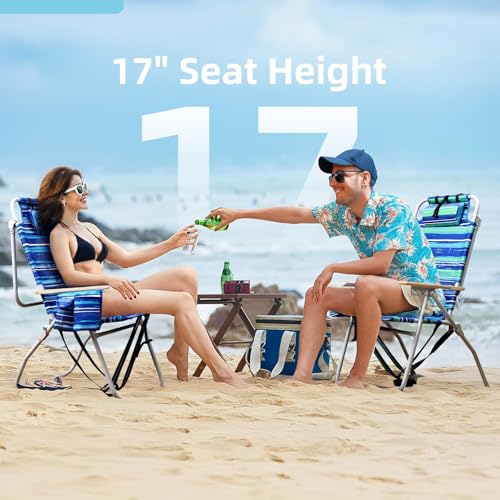 Tall Beach Chairs for Adults, 17" High Backpack Beach Chair with Wooden Armrests, 5 Positions Reclining Heavy Duty Chair w...