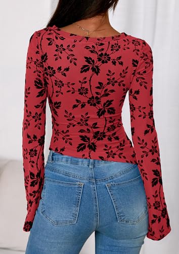 PRETTYGARDEN Women Long Sleeve Floral Mesh Tops Blouse 2026 Fall Trendy Boat Neck Ruched Spring Shirt Going Out Date Outfits