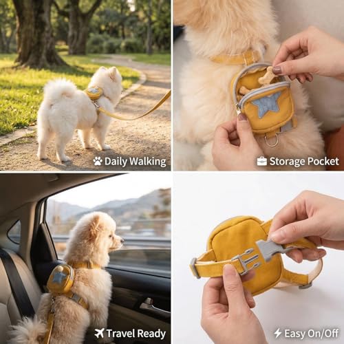 Pet Backpack Harness with Leash for Dogs and Cats, Adjustable Vest with Storage Pocket, Poop Bag Dispenser, Soft Breathabl...