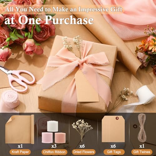 Suncalla 16 Pcs Neutral Wedding Wrapping Paper Set 16" Kraft Vintage Bridal Gift Wrapping Paper and Ribbon Gift Tags Dried...