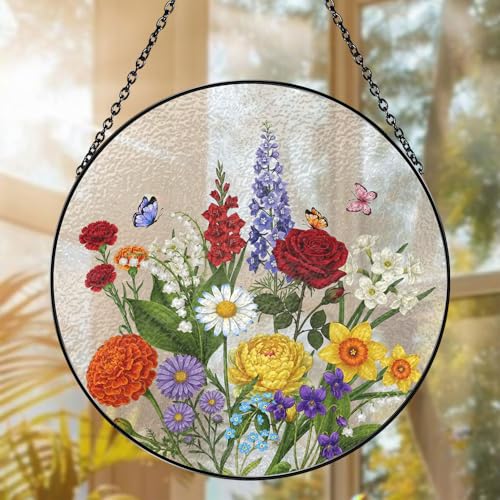 Custom Family Birth Flower Bouquet Suncatcher, Birth Month Flowers Stained Glass Style Window Hanging, Personalized Floral...