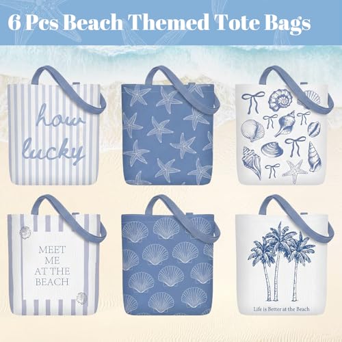 Reginary 6 Pcs Coastal Canvas Tote Bags with Pocket Summer Beach Themed Gifts Blue Seashell Starfish Conch Coral Pattern
