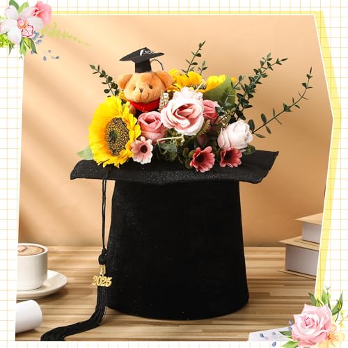 Hoteam Black Graduation Flower Bouquet Grad Centerpiece Graduation Cap Flower Boxes Mini Plush Bear with Grad Hat Floral A...