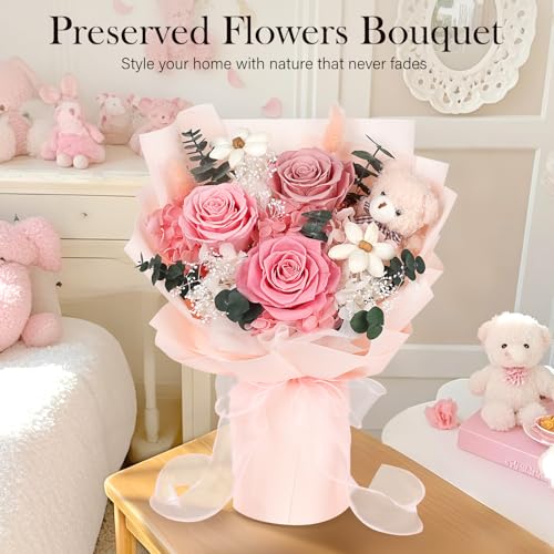 Preserved Flowers Bouquet with Bear, 3 Real Forever Flowers for Delivery, Long-Lasting Pink Eteranl Roses Bouquet, Mothers...