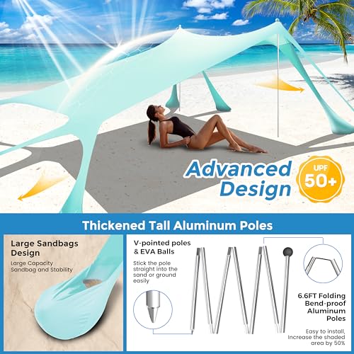 VIONMI Beach Canopy Beach Tent Pop Up Shade 10x10ft Sun Shelter UPF50+ with 8 Sandbags-2 Sand Shovel-4 Aluminum Poles-Grou...