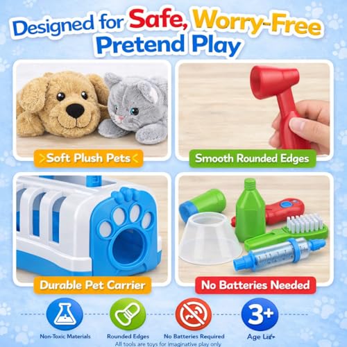34-Piece Kids Pretend Vet Playset, Veterinarian Role Play Doctor Toy Kit with Plush Dog & Cat, Pet Care Grooming Set with ...