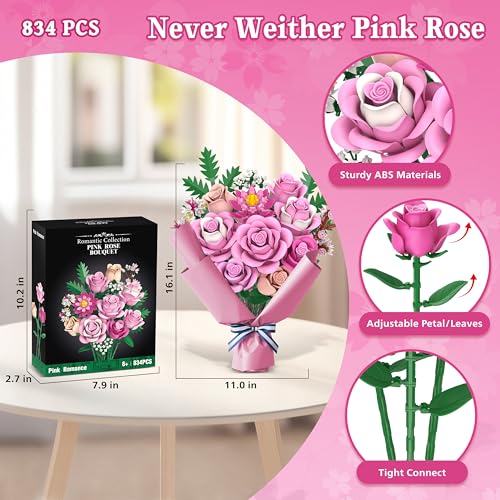 Pink Rose Bouquet Flowers Building Set, 834Pcs Roses Artificial Flowers Botanical Collection Gift for Mothers Day Mom Wome...