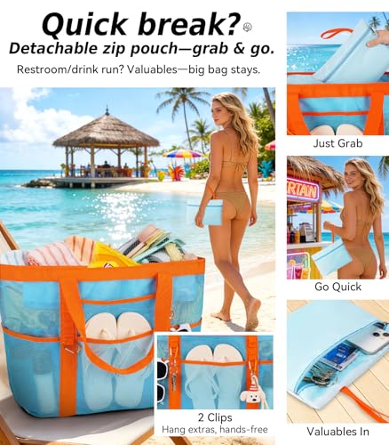 Yeendibo 2026 Chic & Spacious XX-Large Beach Bag for Women — Mesh × Canvas Tote with Top Zipper, 11 Pockets, Detachable Po...