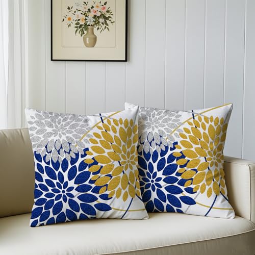 Decorative Throw Pillow Covers Set of 2 Double-Sided 18x18 inch White Linen Yellow Navy Blue Silver Grey Pillow Cases Farm...
