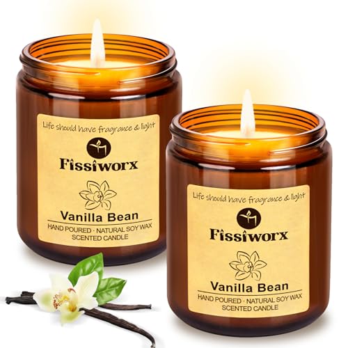 Fissiworx Vanilla Scented Candle Set 2 Pack, Candle for Home Scented, Odor Eliminating, Stress Relief, 15oz, 110 Hours Lon...