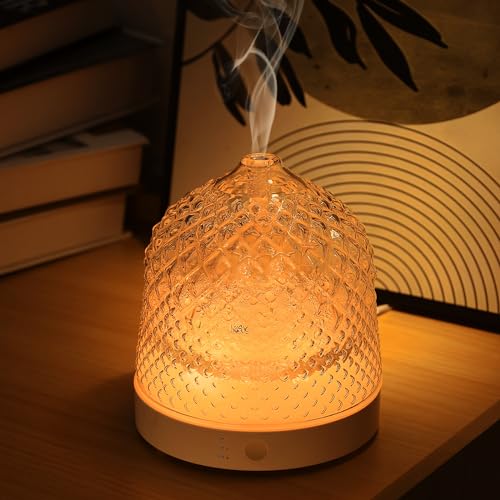 Lecdura Glass Essential Oil Diffuser, 200ml Ultrasonic Aroma Diffusers with Glass Reservoir Dome & White Plastic Base Lock...