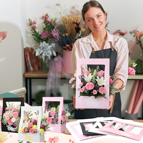 PerKoop 30 Pcs Mother's Day Flower Box for Arrangement Bouquet Bags for Flowers Gift Bags with Handle Waterproof Packaging...