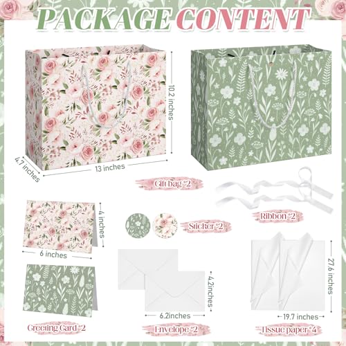 Silkfly 2 Pack Large Floral Gift Bags with Tissue Paper Ribbon Card & Envelope 13'' Flower Gift Bags for Woman Wedding Bri...